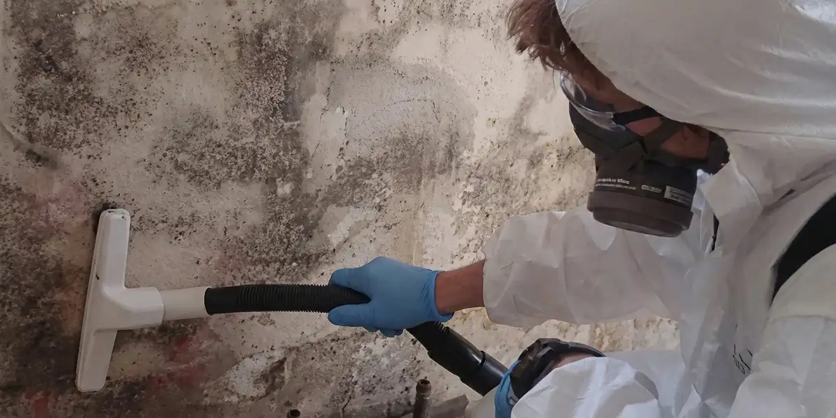 professional mold removal technician wearing protective equipment removing mold from a wall in Salt Lake City, UT
